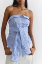 Striped Blue & Pink - Striped Off-Shoulder Tie Front Shirt Top - 1