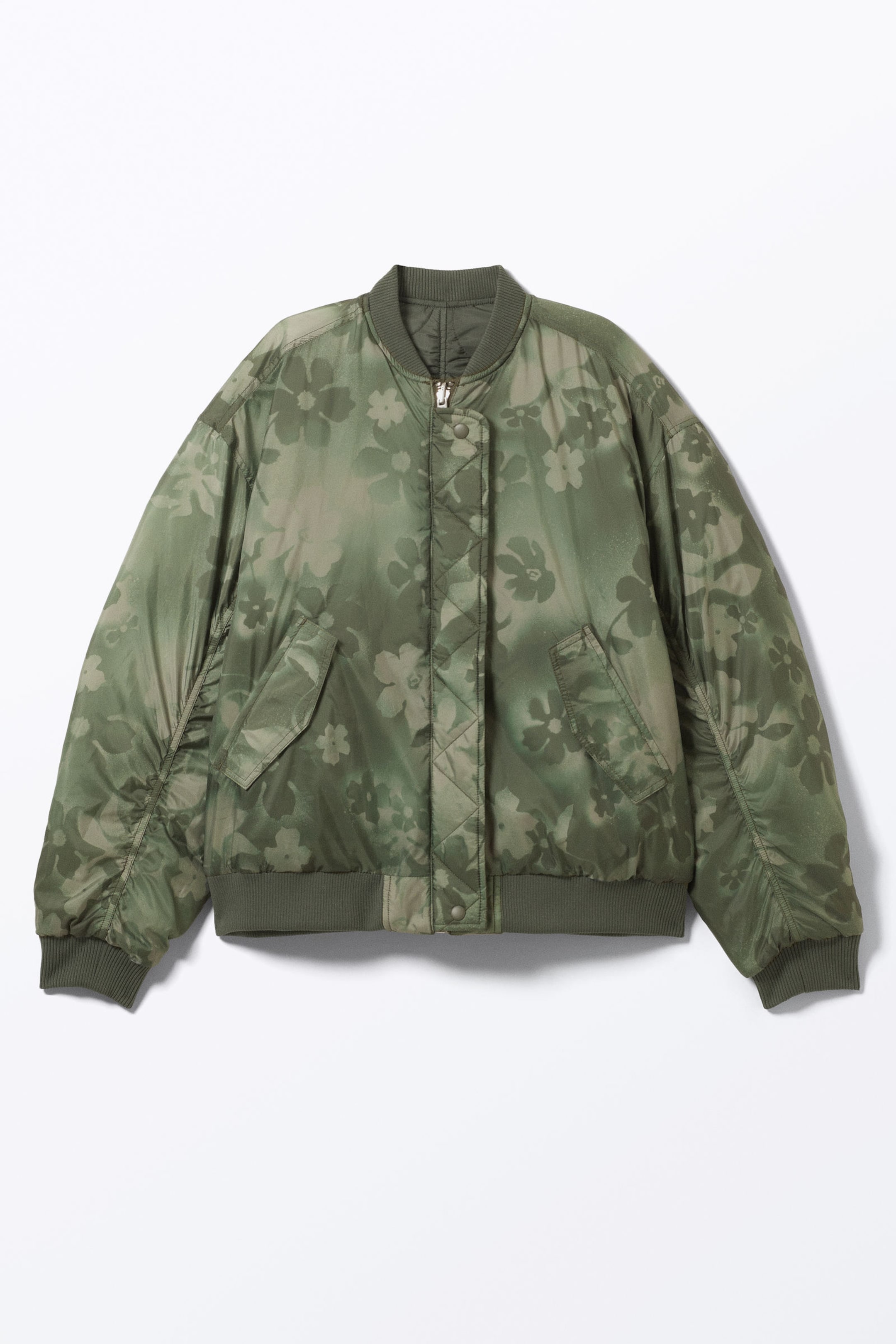 Dark Khaki - Floral - Loose Reversible Bomber Jacket - 6