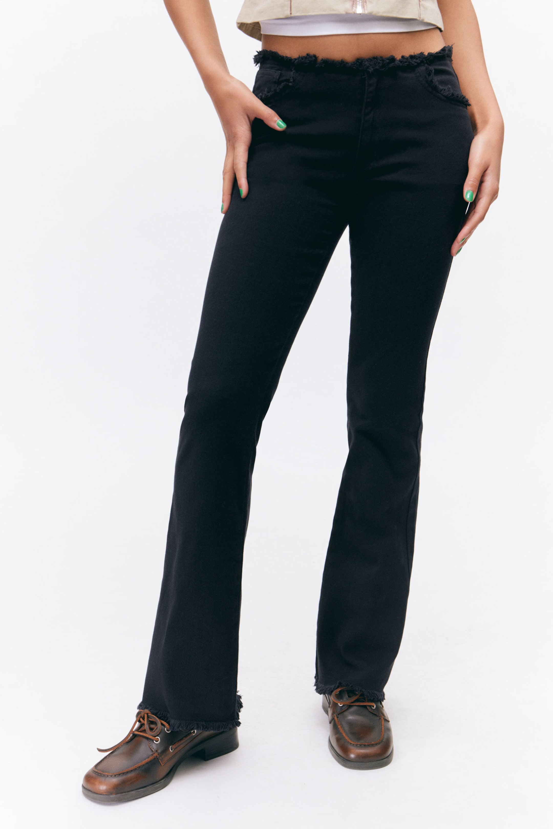 Black - Frayed Low Waist Twill Trousers - 1