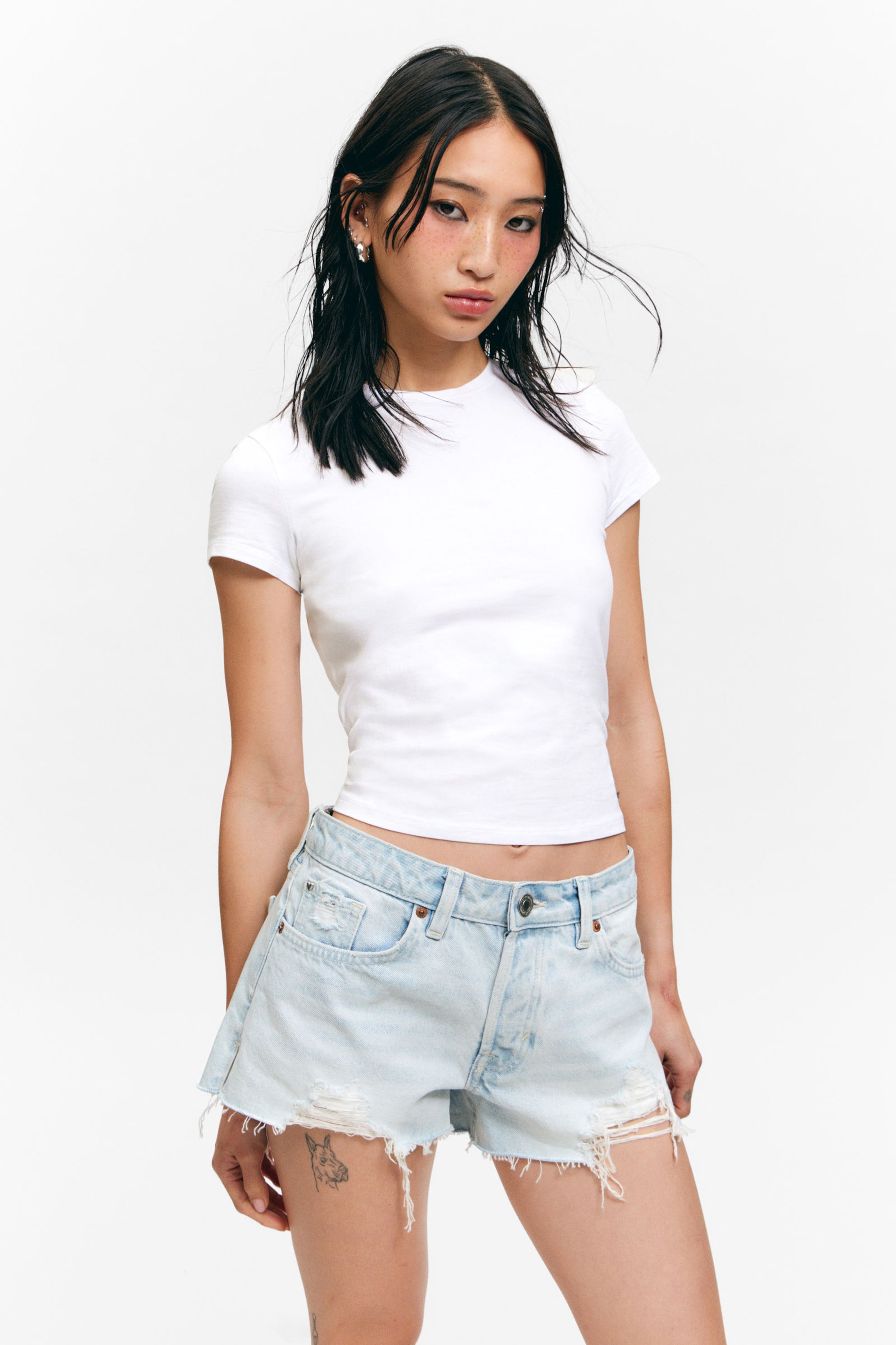 Fluid Blue - Light Blue - Low Rise Raw Hem Mini Denim Shorts - 2