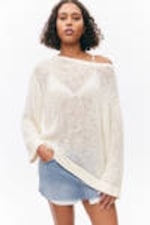 White - Loose Open-Knit Side Slit Sweater - 1