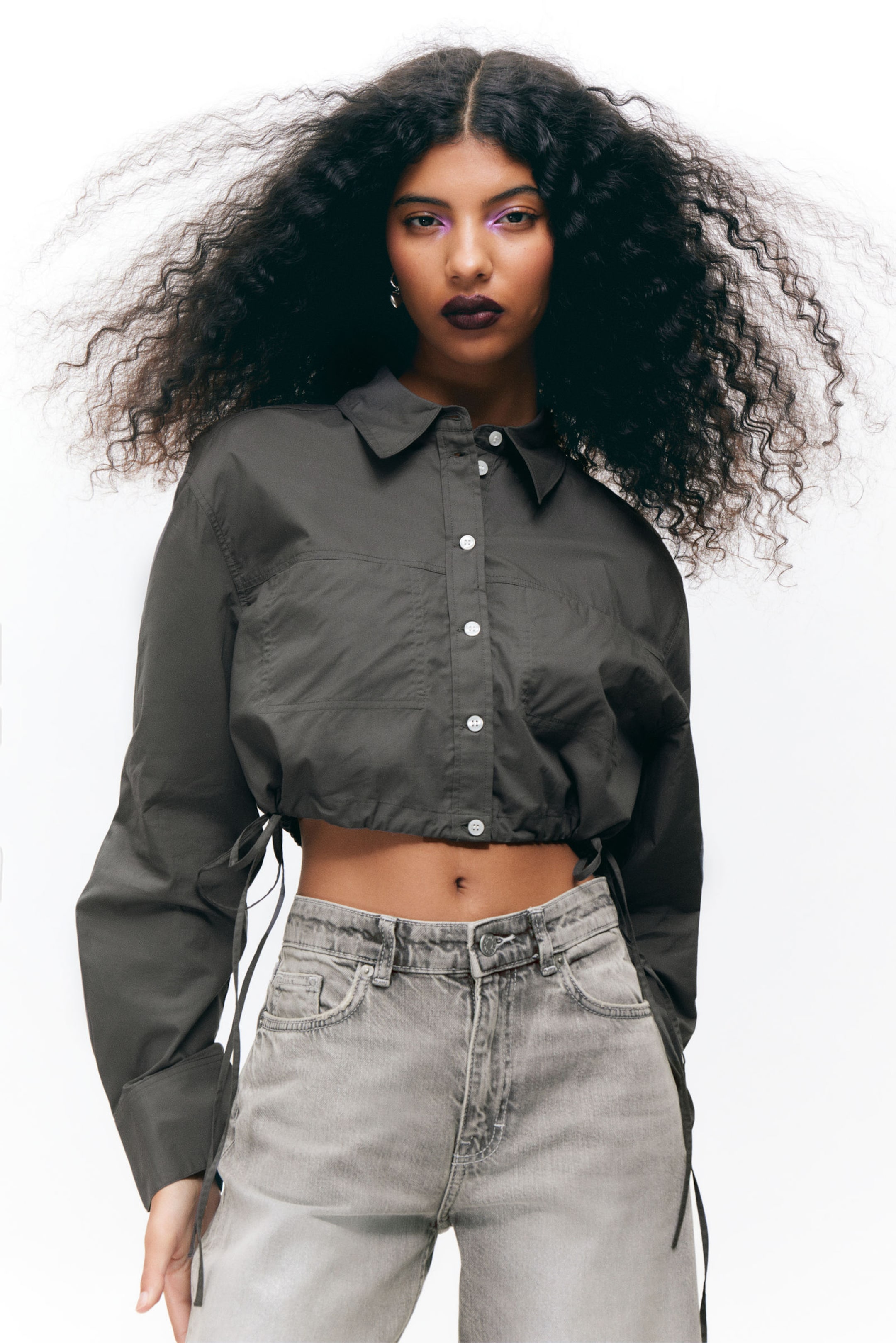 Dark Grey - Cropped Loose Cargo Shirt - 0