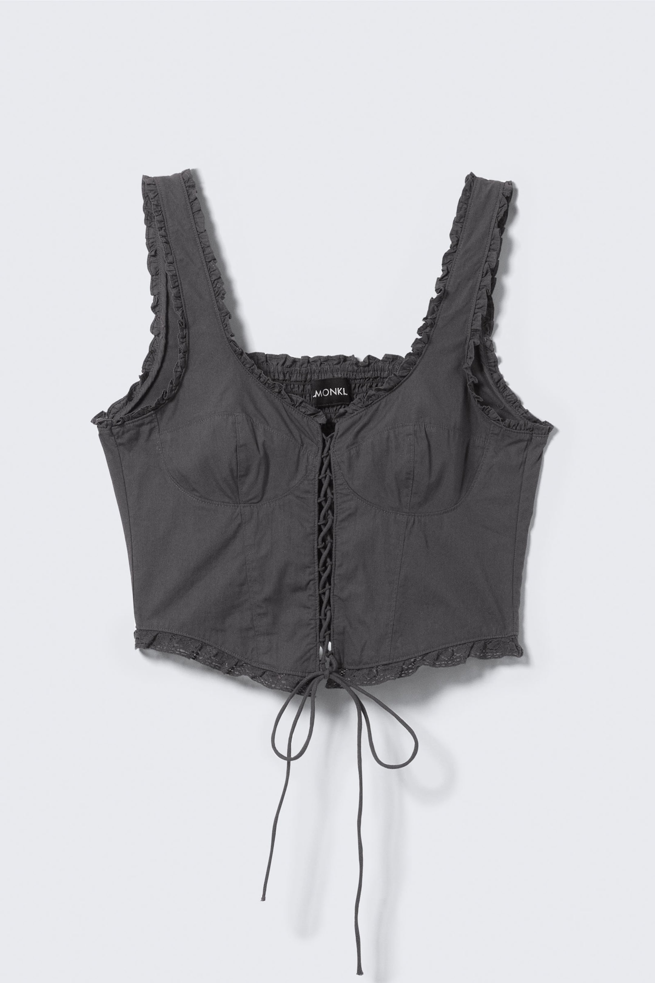 Dark Grey - Frilled Lace-Up Corset Top - 4