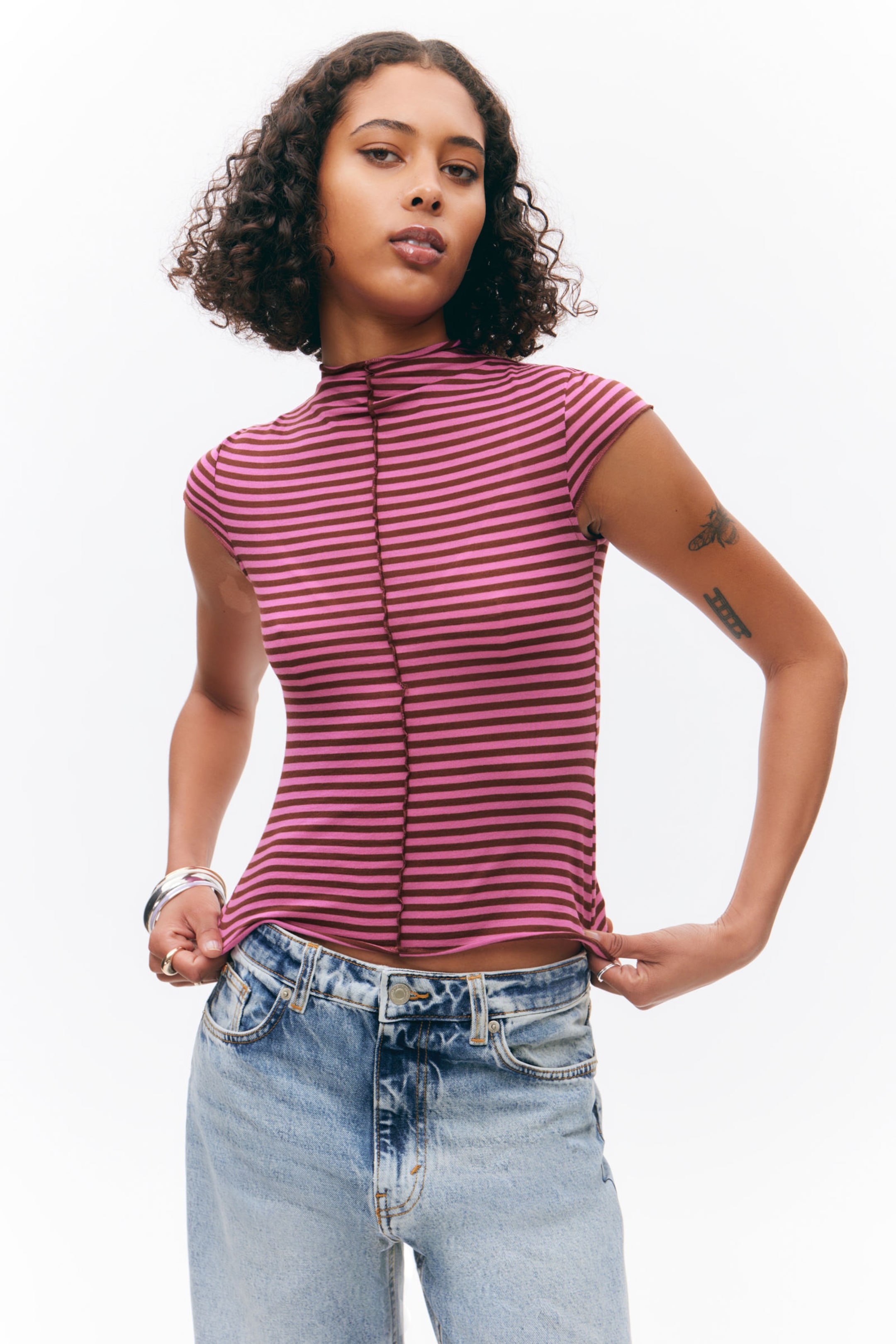 #674644 - Fitted Cap-Sleeved Mock-Turtleneck T-shirt - 1