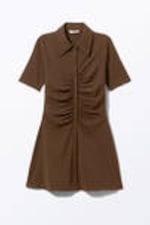 Dark Brown - Short-Sleeved Mini Shirt Dress - 3