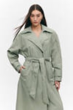 Khaki Green - Oversized Belted Nylon Trench Coat - 1