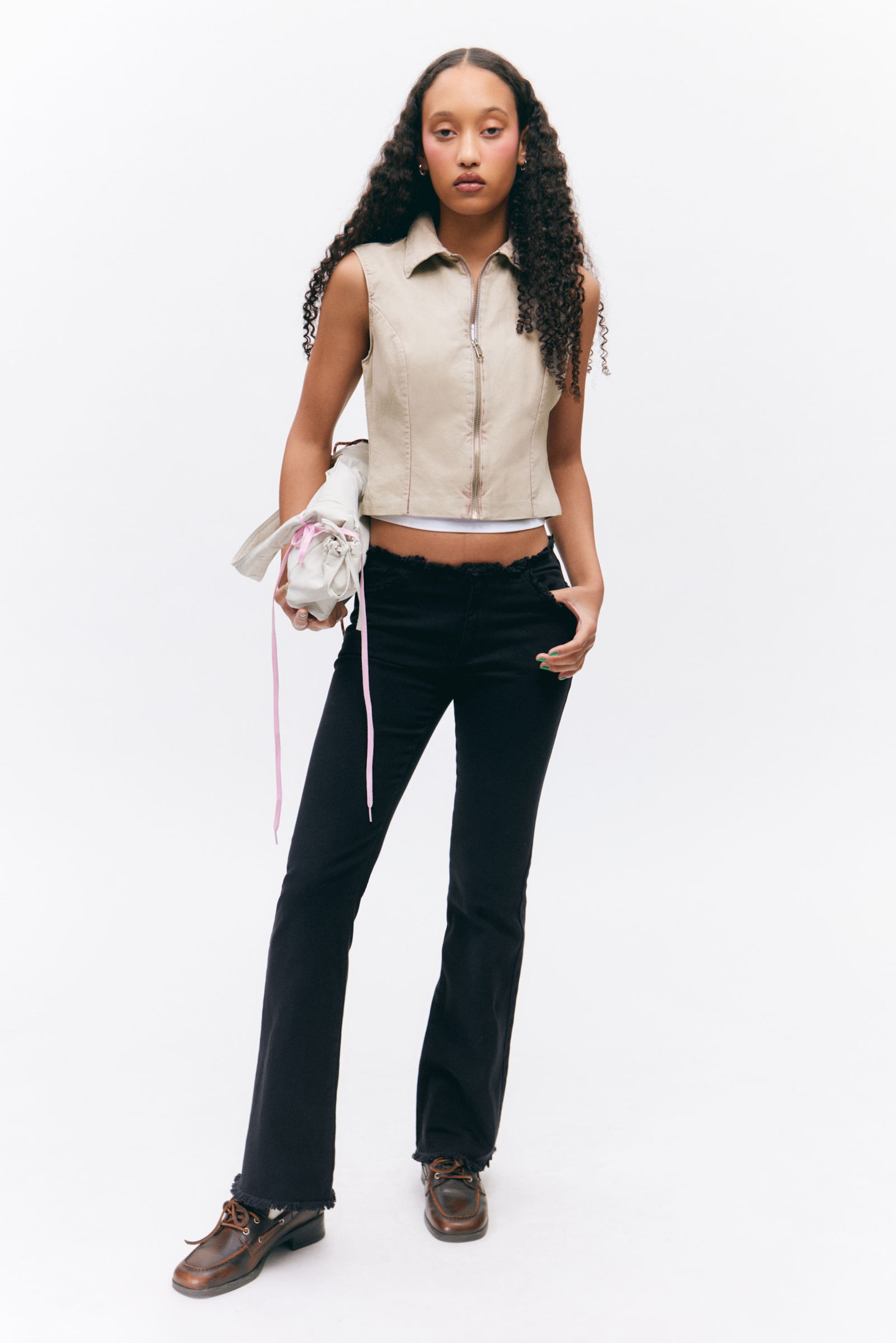 Black - Frayed Low Waist Twill Trousers - 0