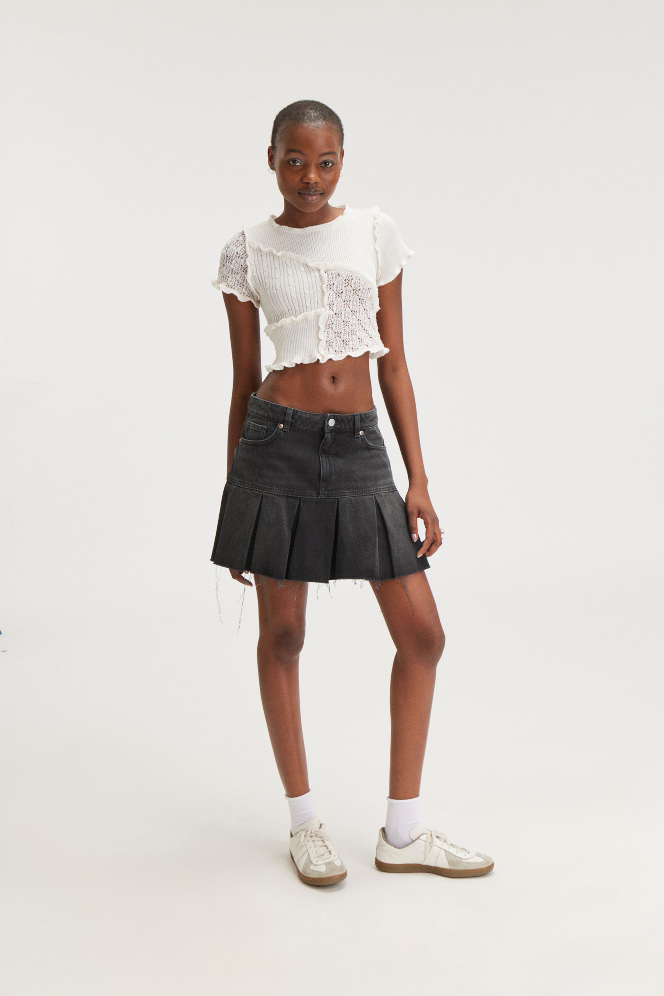 Washed Black - Pleated Mini Denim Skirt - 0