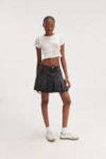Washed Black - Pleated Mini Denim Skirt - 0