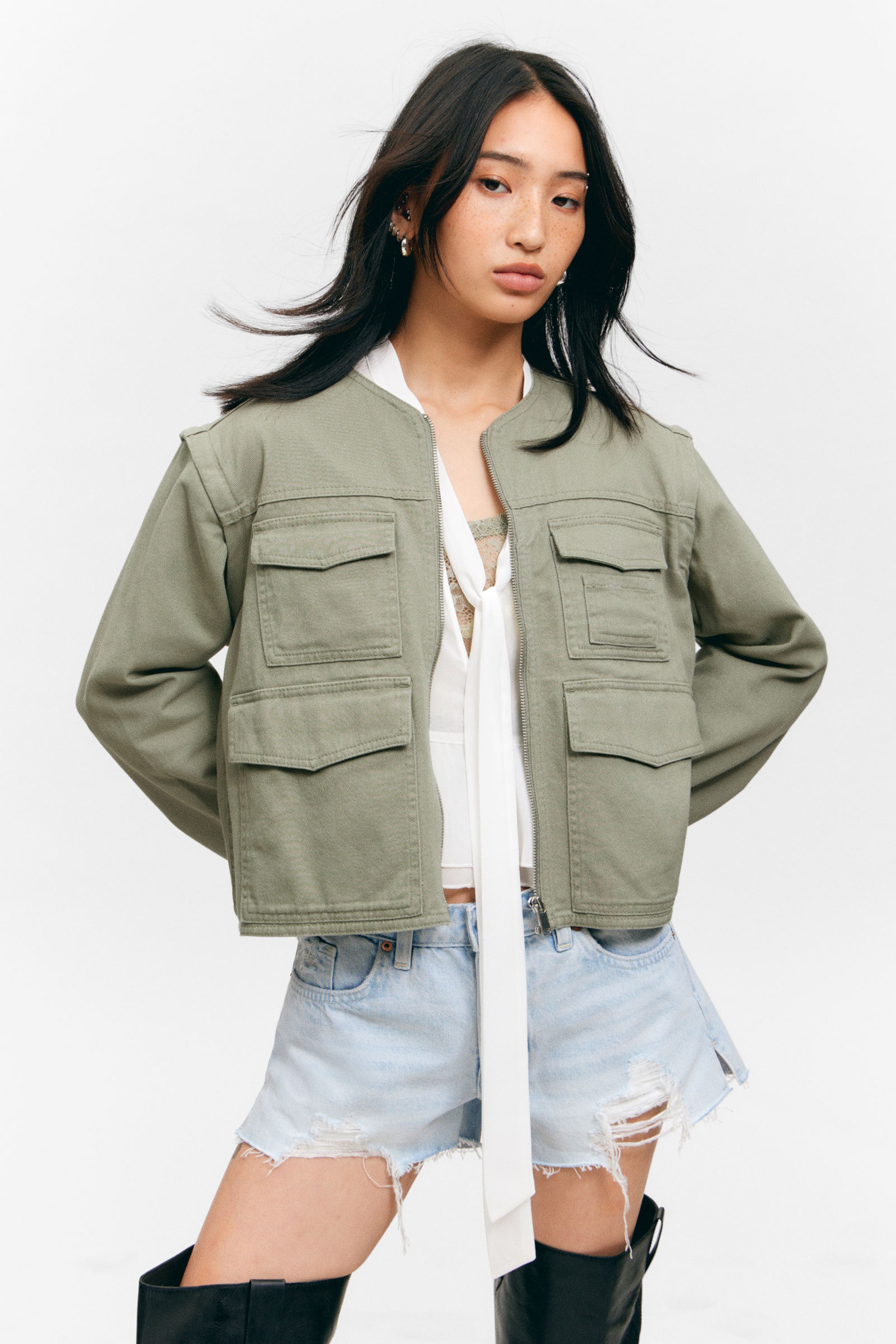 #8D8C81 - Detachable Sleeve Cotton Jacket - 1