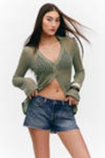 Khaki Green - Open-Knit V-neck Cardigan - 1