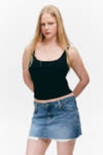 Mountain Blue - Medium Blue - Low Rise Raw Hem Mini Denim Skirt - 1