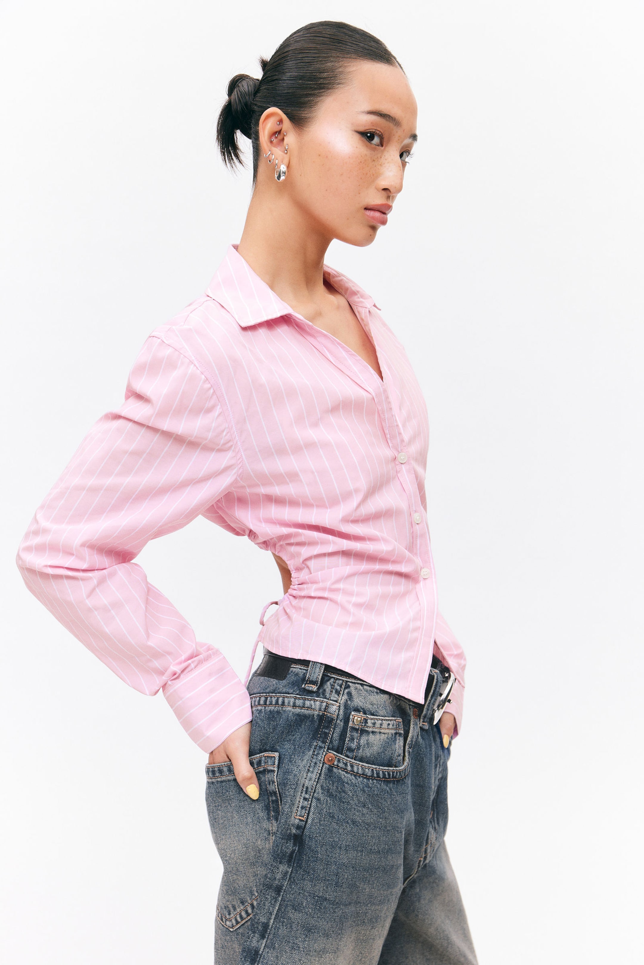 Striped Pink - Cropped Open Back Shirt - 1