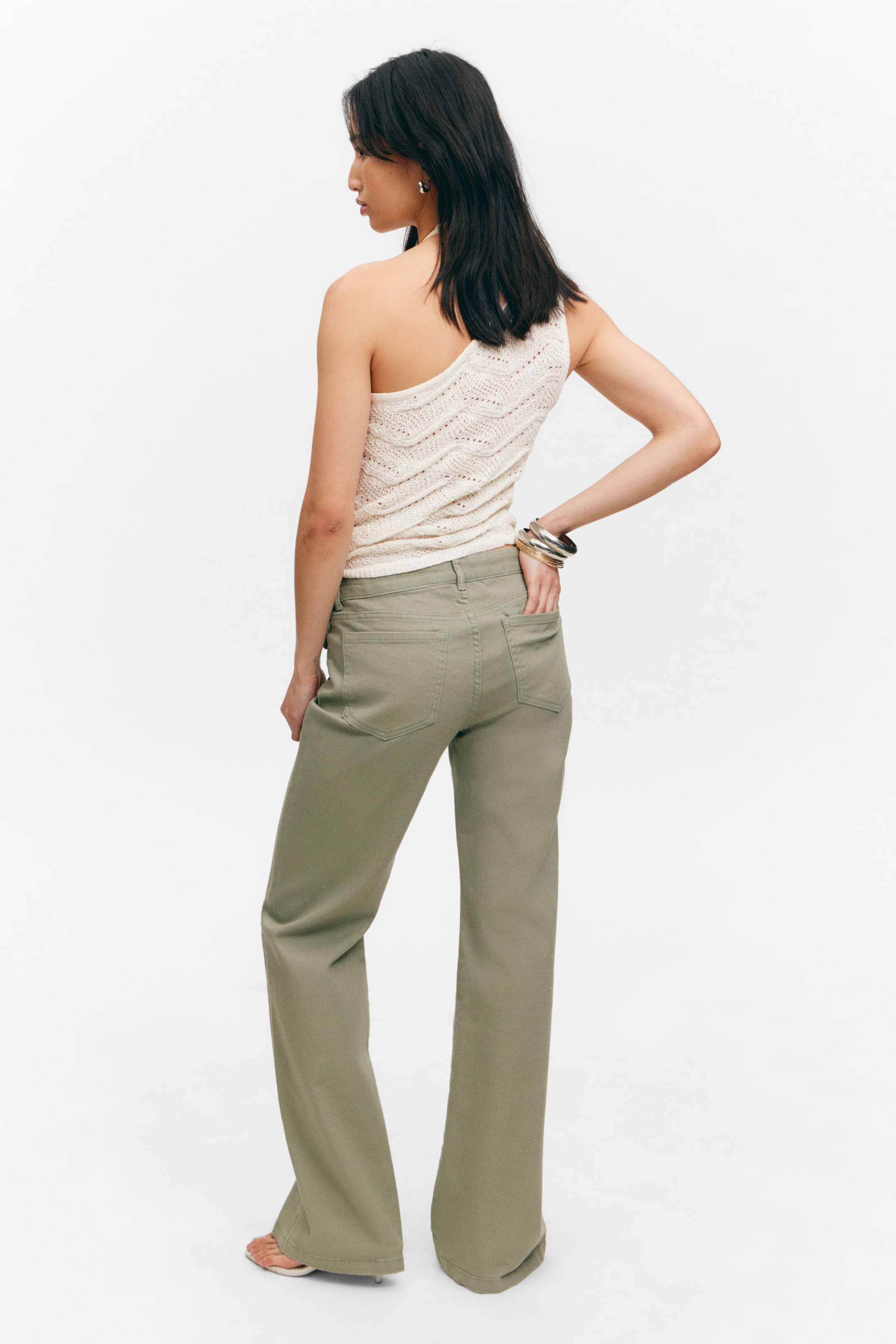 Khaki Green - Low Waisted Bootcut Twill Trousers - 3