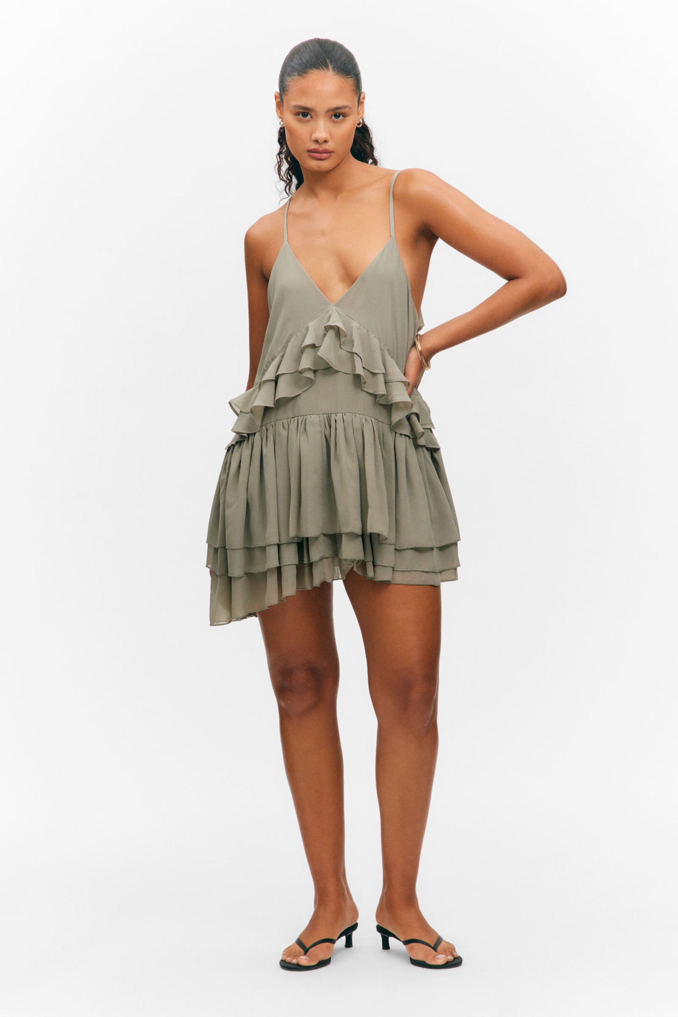 #8D8C81 - Layered Ruffled Mini Cami Dress - 1