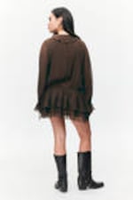 Dark Brown - Frilled V-neck Mini Dress - 3