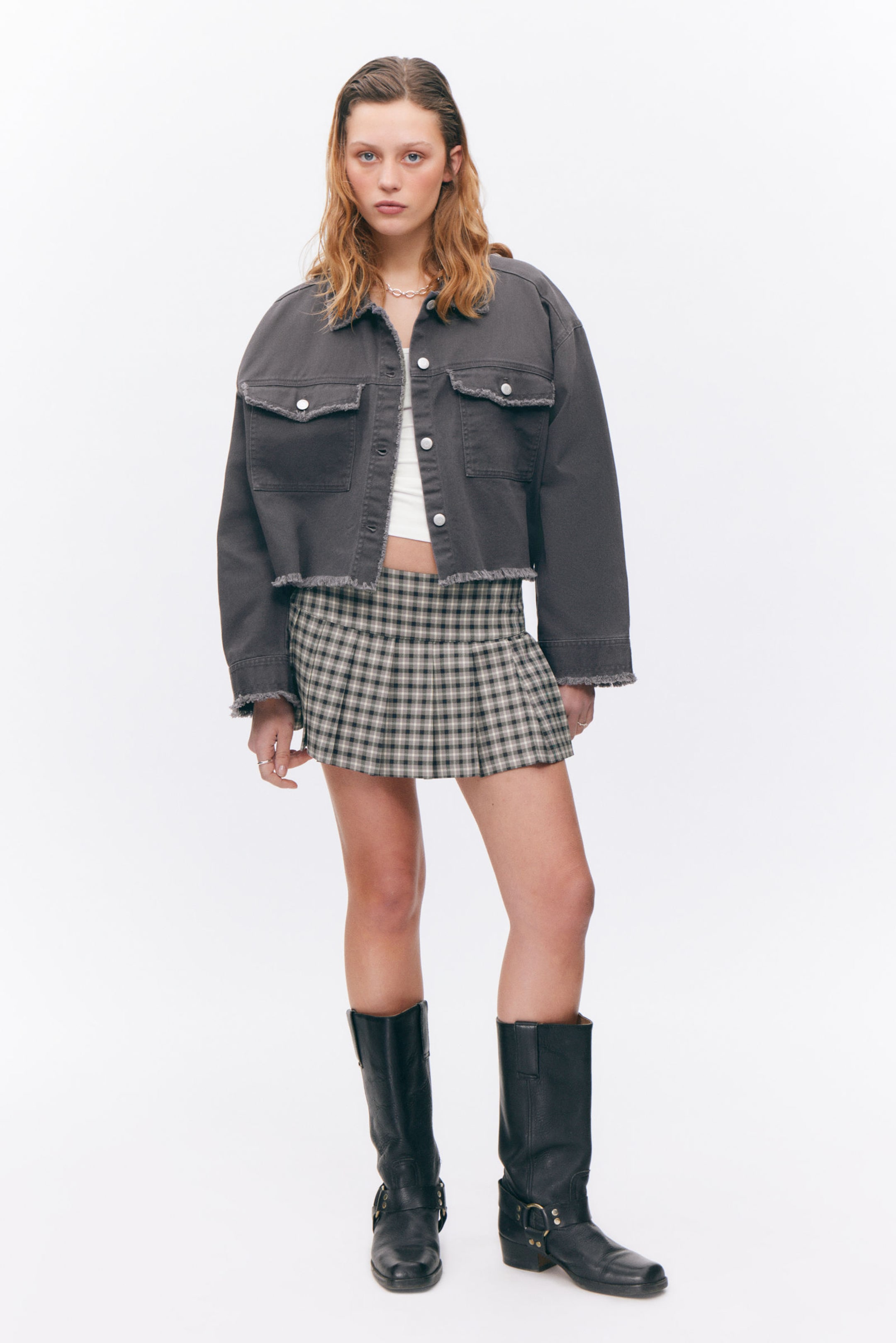 #49474C - Cropped Boxy Twill Jacket - 1