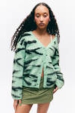 Light Green Zebra Print - Fluffy knit cardigan - 1