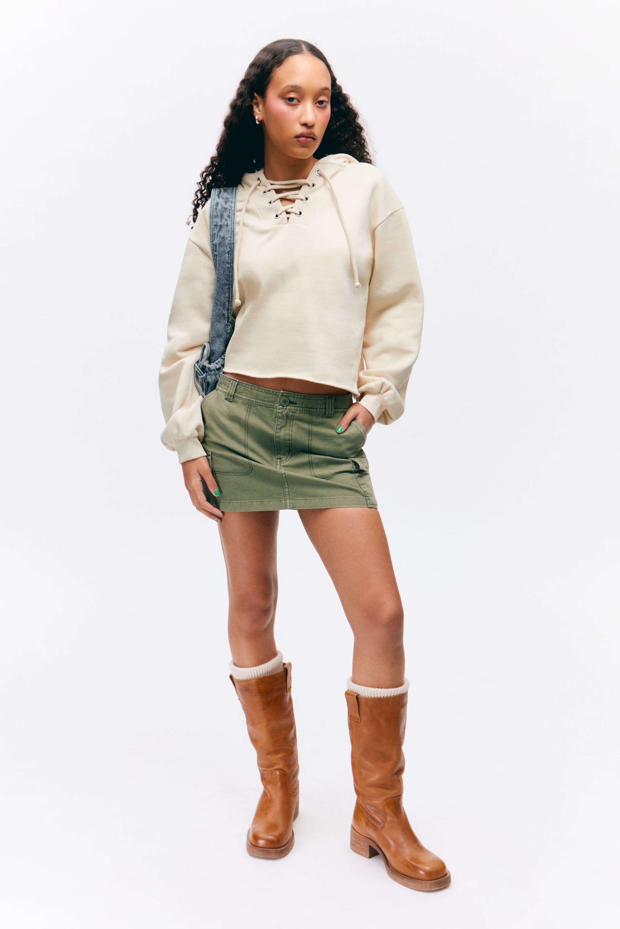 #D9D1BD - Cropped Lace-up Hoodie - 1
