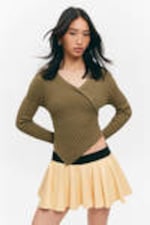 Dark Khaki Green - Knitted Wrap-shaped Asymmetric V-neck Sweater - 0
