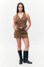 Washed Dark Brown - Sleeveless Lace-Up Denim Waistcoat - 1
