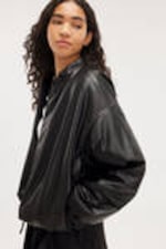 Black - Faux Leather Bomber Jacket - 0