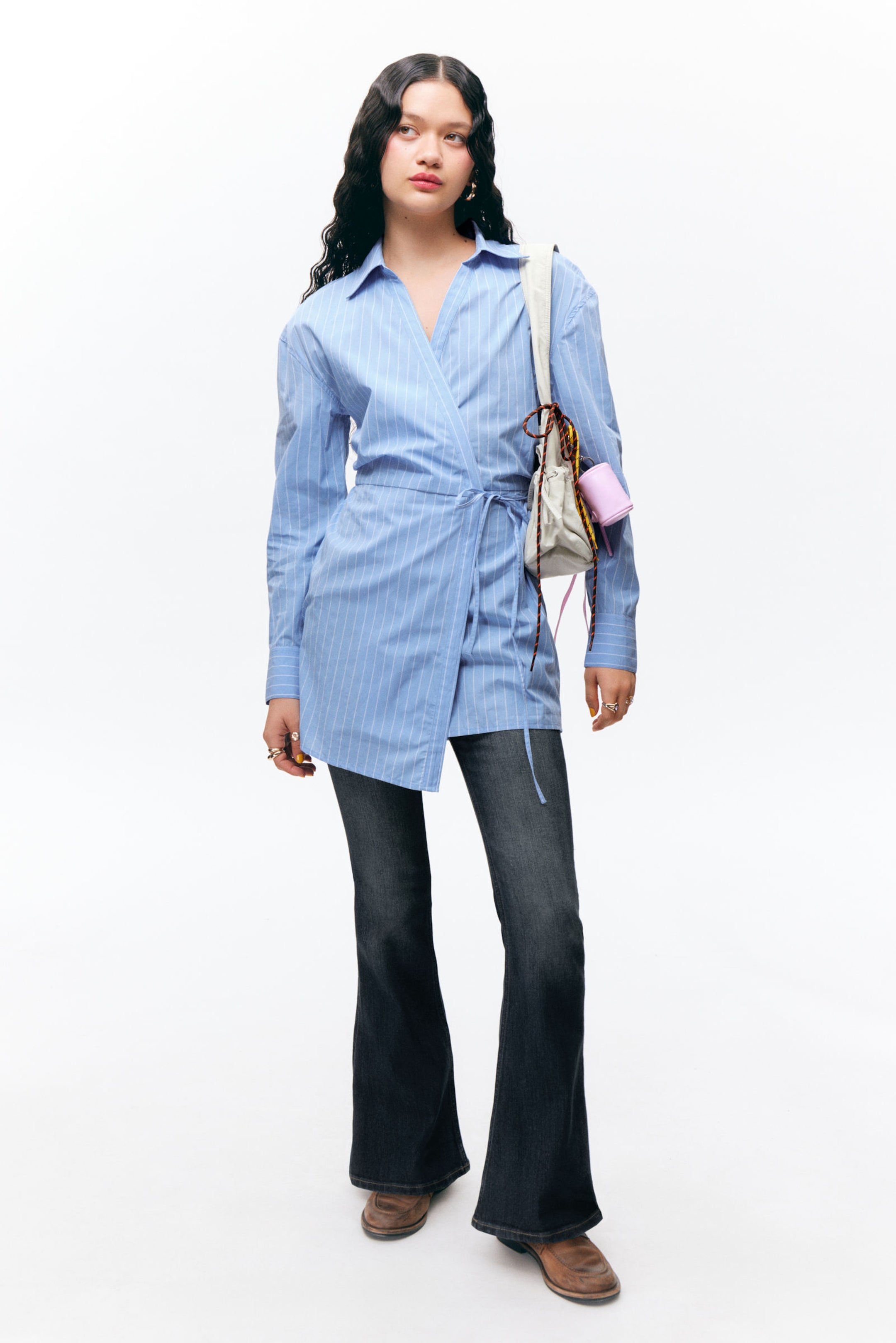 #90A9D1 - Long-Sleeved Mini Wrap Shirt Dress - 1