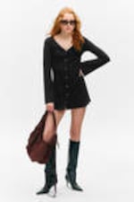 Black - Long-Sleeved V-neck Mini Dress - 0