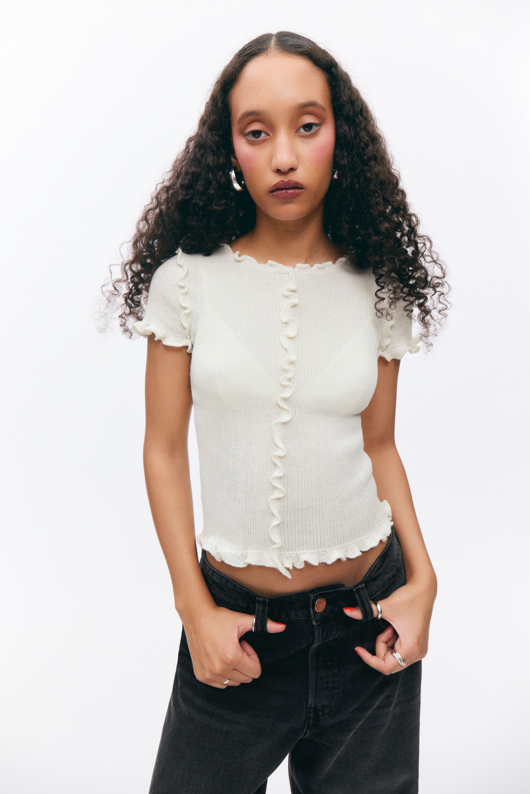 #F0EFEC - Frill-Edge Ribbed Knitted Top - 1