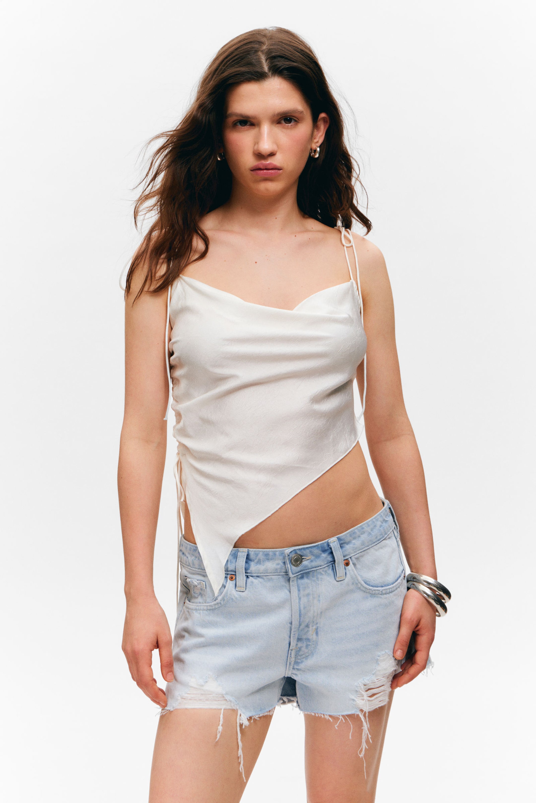 #ECE9E2 - Asymmetric Satin Strap Top - 1