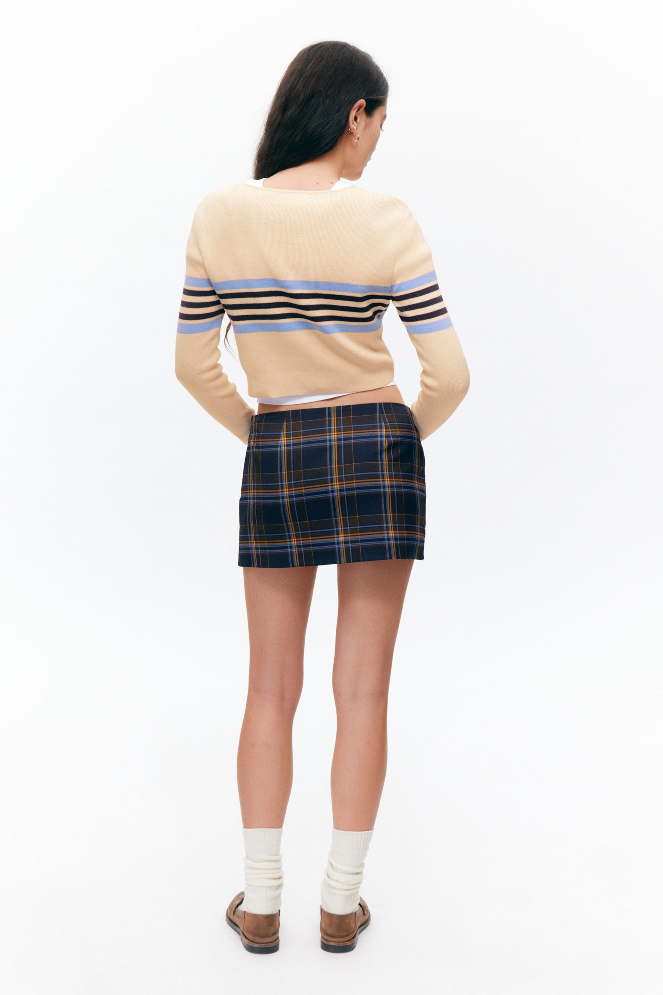 Dark Blue Check - Low Waisted Mini Suiting Skirt - 2