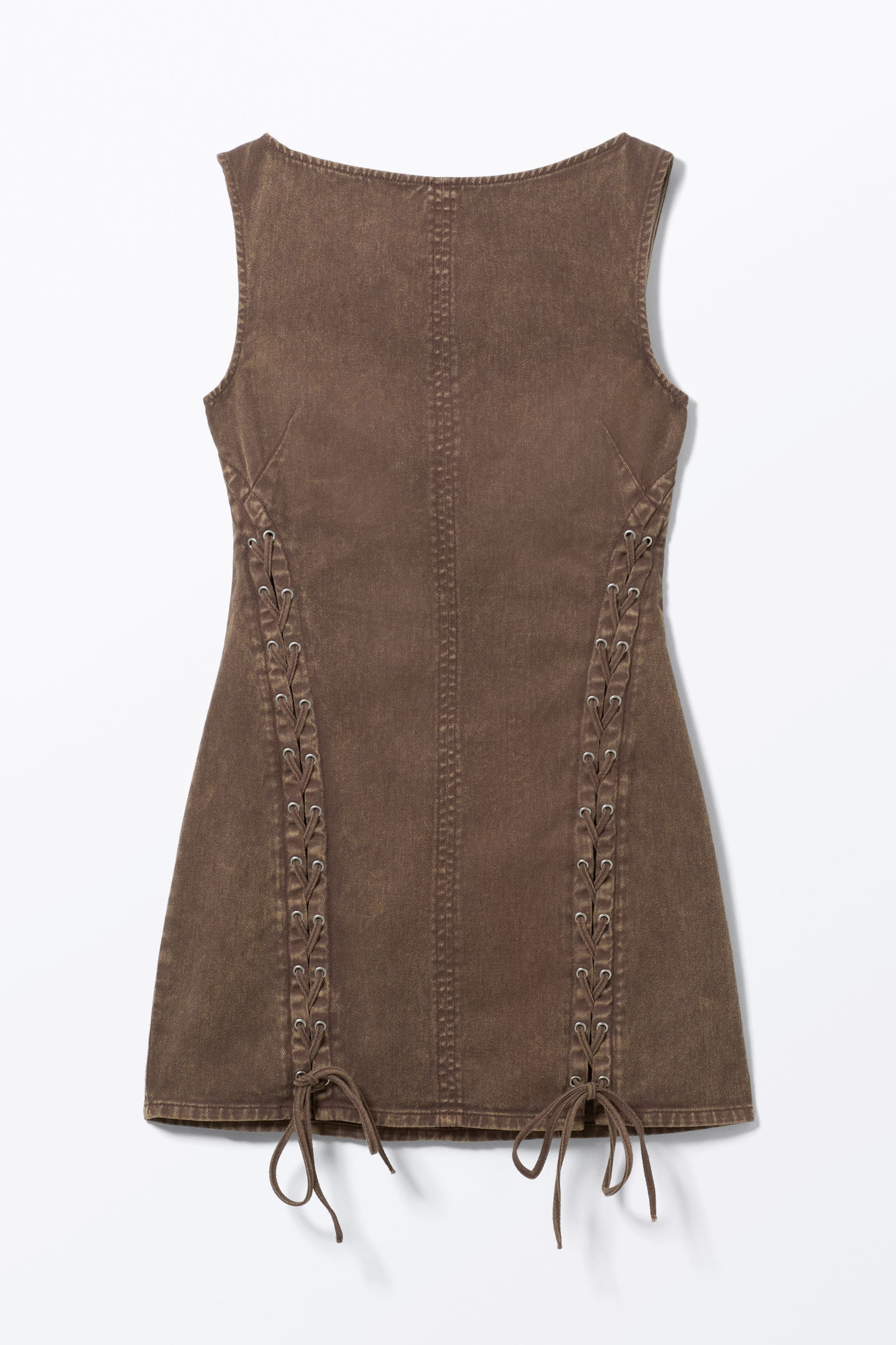 Washed Dark Brown - Sleeveless Lace-Up Mini Dress - 5