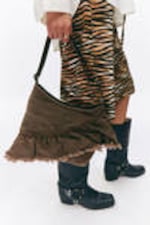 Washed Dark Brown - Frilled Cotton Canvas Handbag - 1