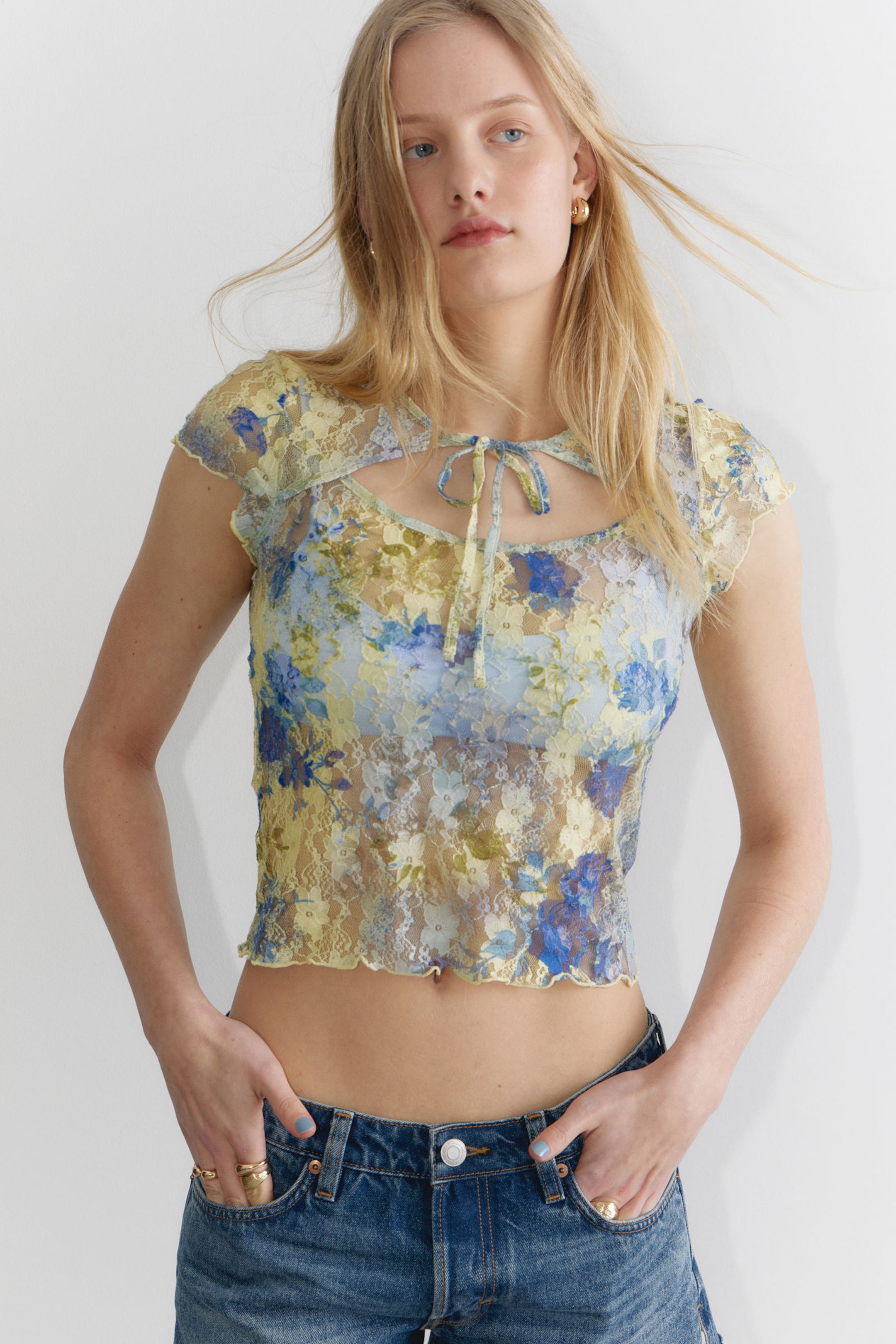 #EEE99D - Lace Cap-Sleeved Tie-Front Top - 1