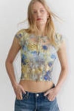 Floral Yellow - Lace Cap-Sleeved Tie-Front Top - 0