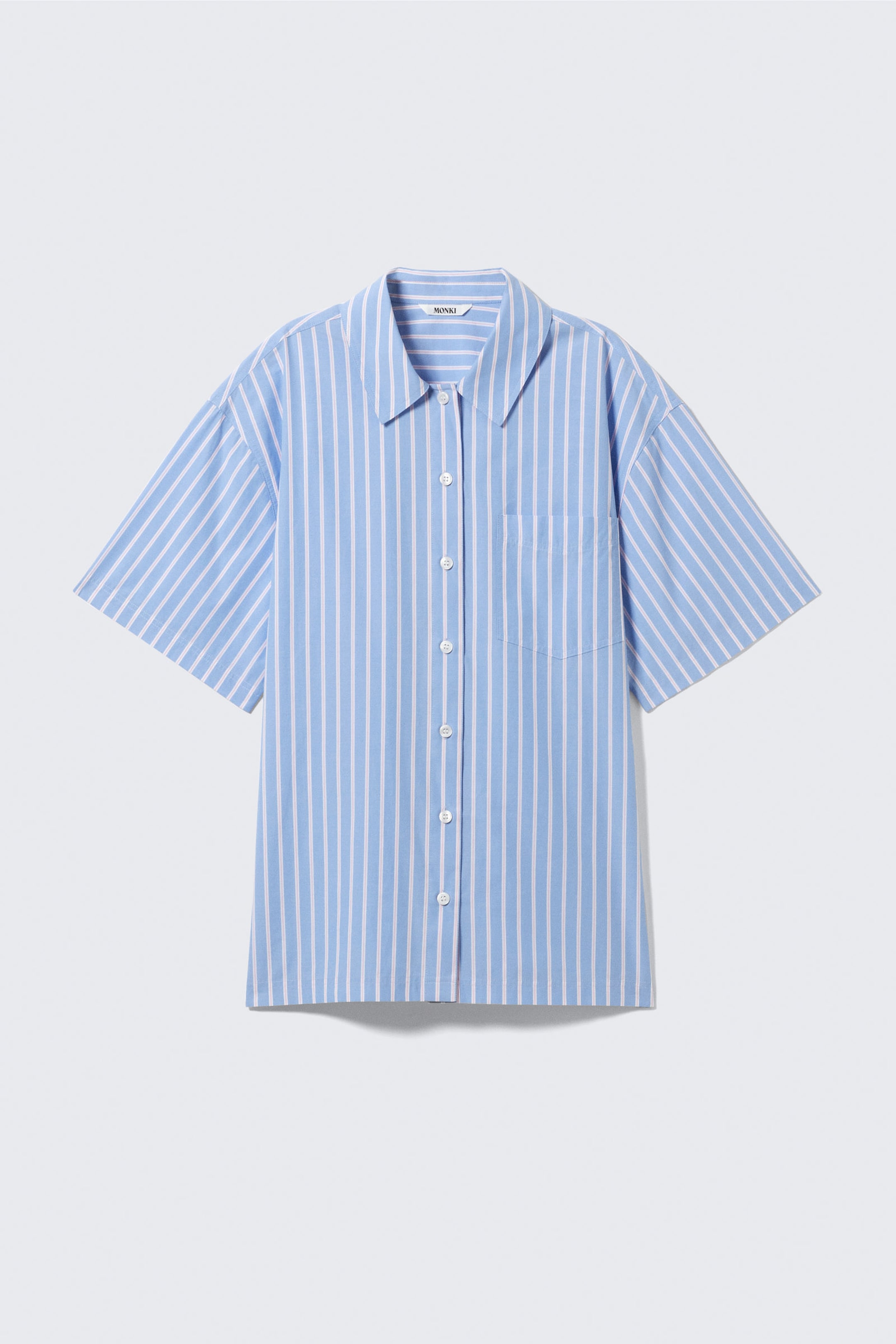 Striped Blue & Pink - Oversized Short-Sleeved Cotton Poplin Shirt - 5