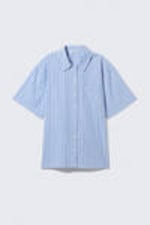 Striped Blue & Pink - Oversized Short-Sleeved Cotton Poplin Shirt - 5