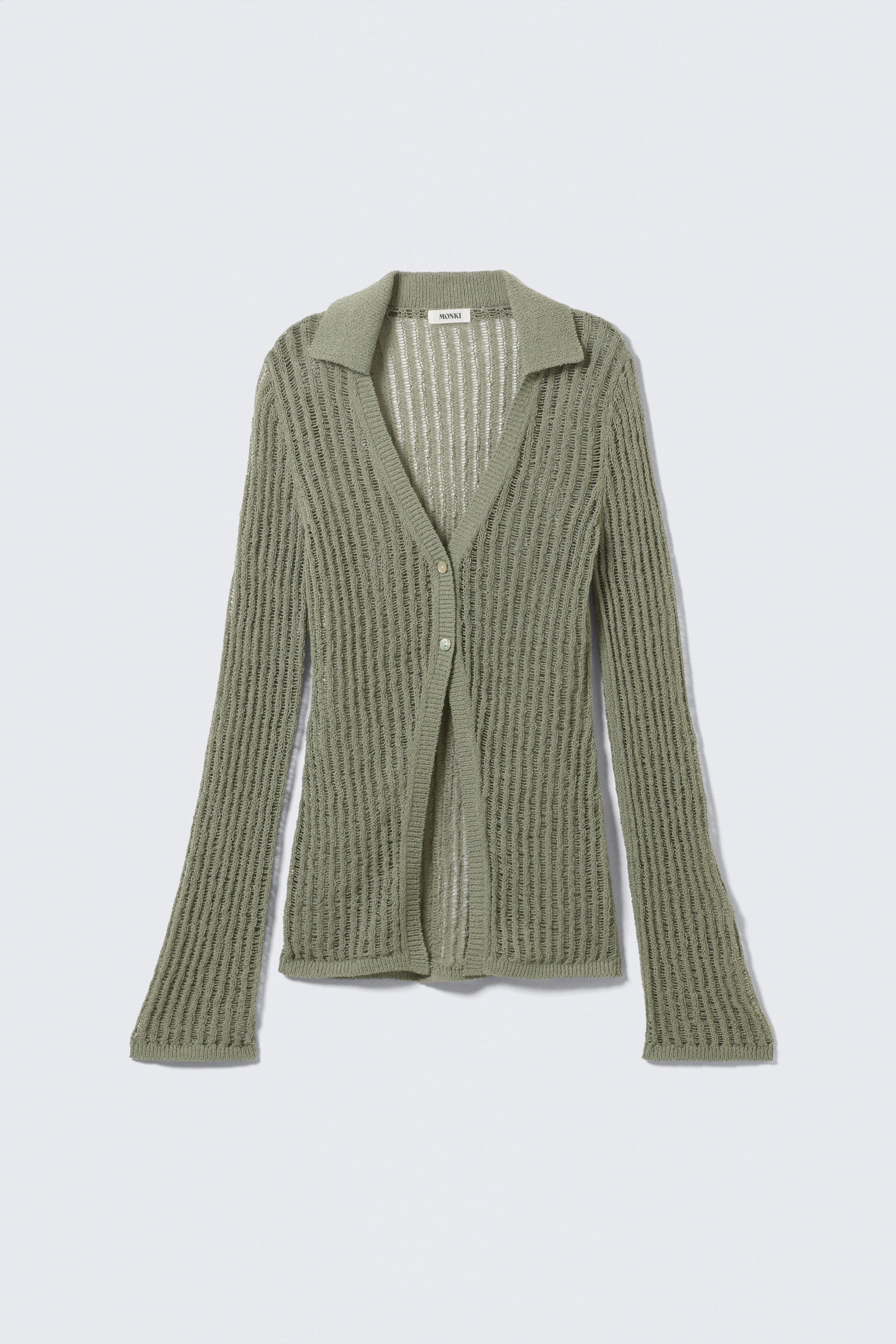 Khaki Green - Open-Knit V-neck Cardigan - 3