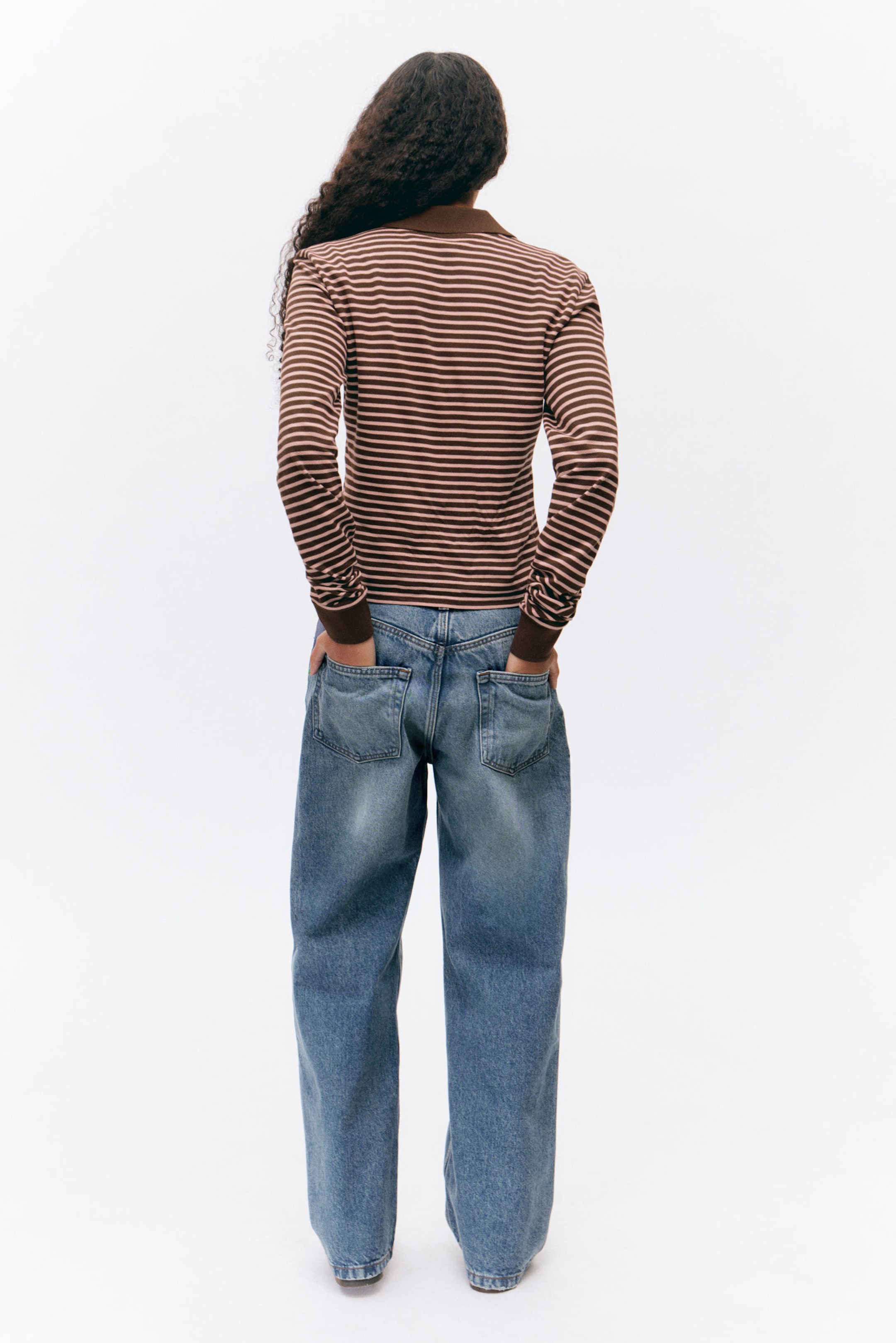 Dark Brown & Pink Stripes - Long-Sleeved Polo Top - 2