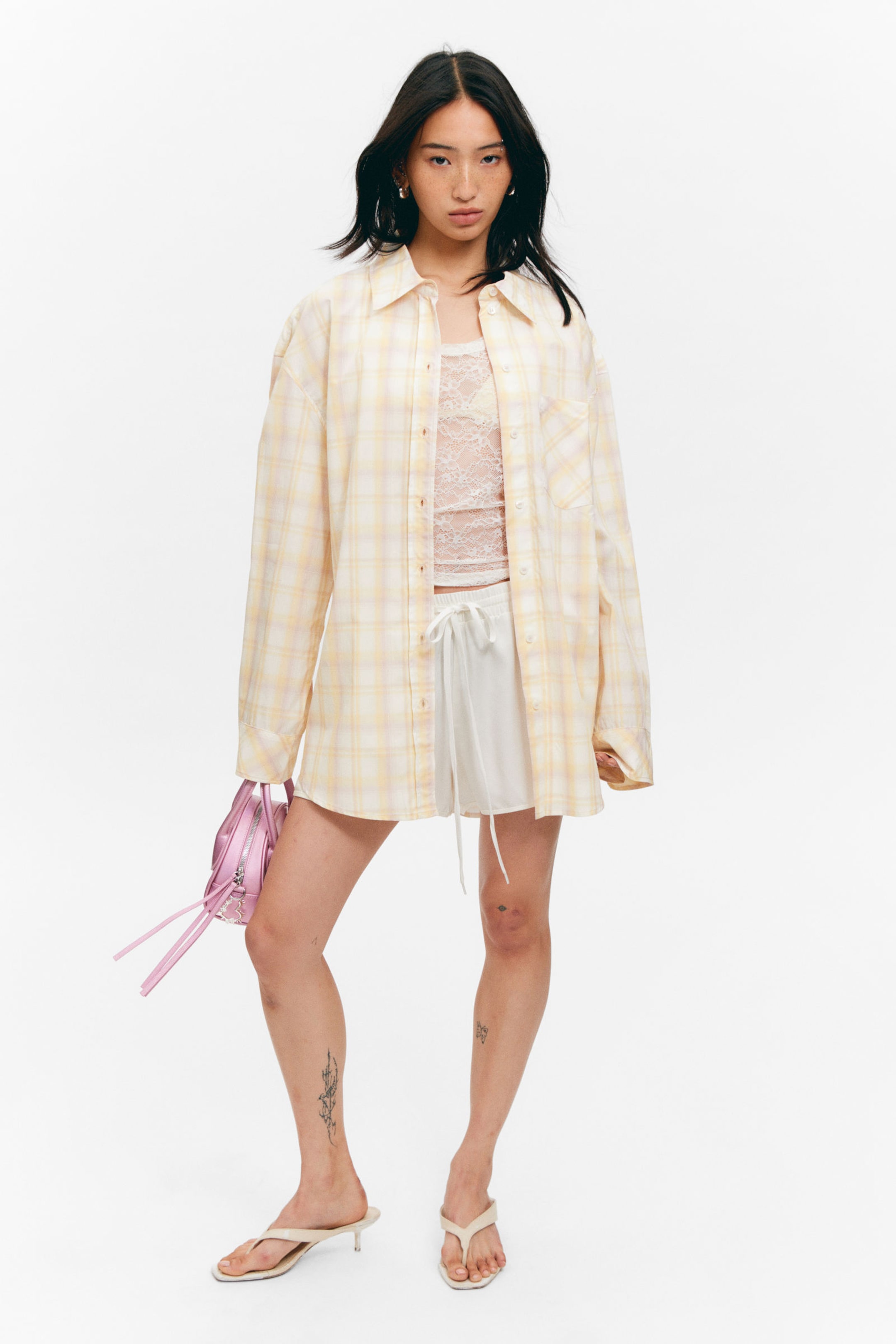 Checked Light Yellow - Long-Sleeved Oversized Poplin Shirt - 0