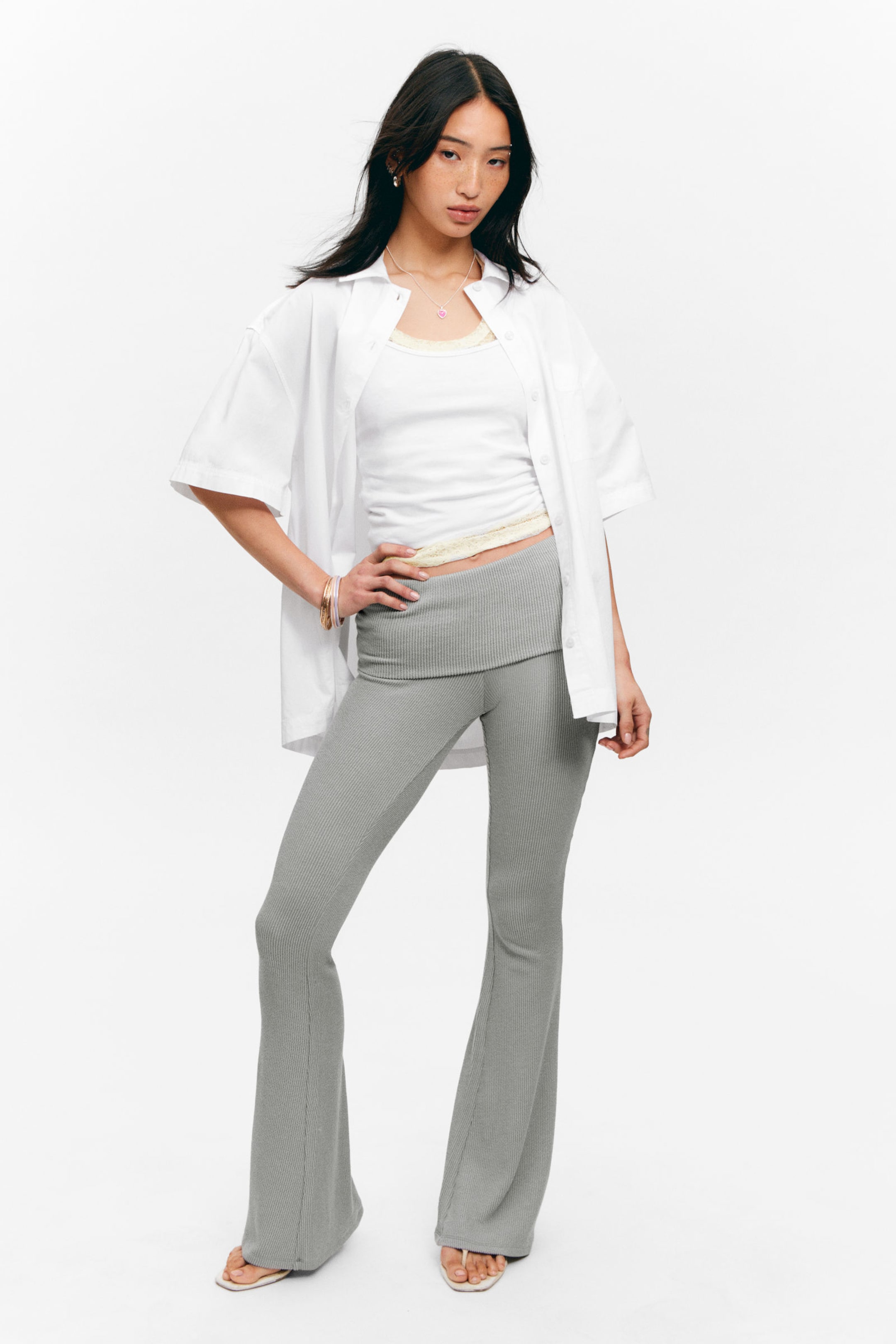 #8C9099 - Low Waist Flared Ribbed Trousers - 1