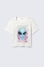 Dusty White - Stardust Shore - Cropped Printed Cotton T-Shirt - 4