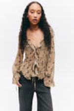Beige - Astro Pop - Sheer Chiffon Tie Blouse - 0
