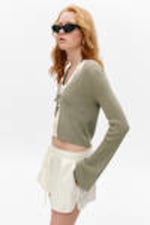 Khaki Green - Ribbed Tie-Front Cardigan - 2
