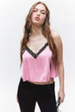 Pink - Black Lace - Lace Satin Strap Top - 1