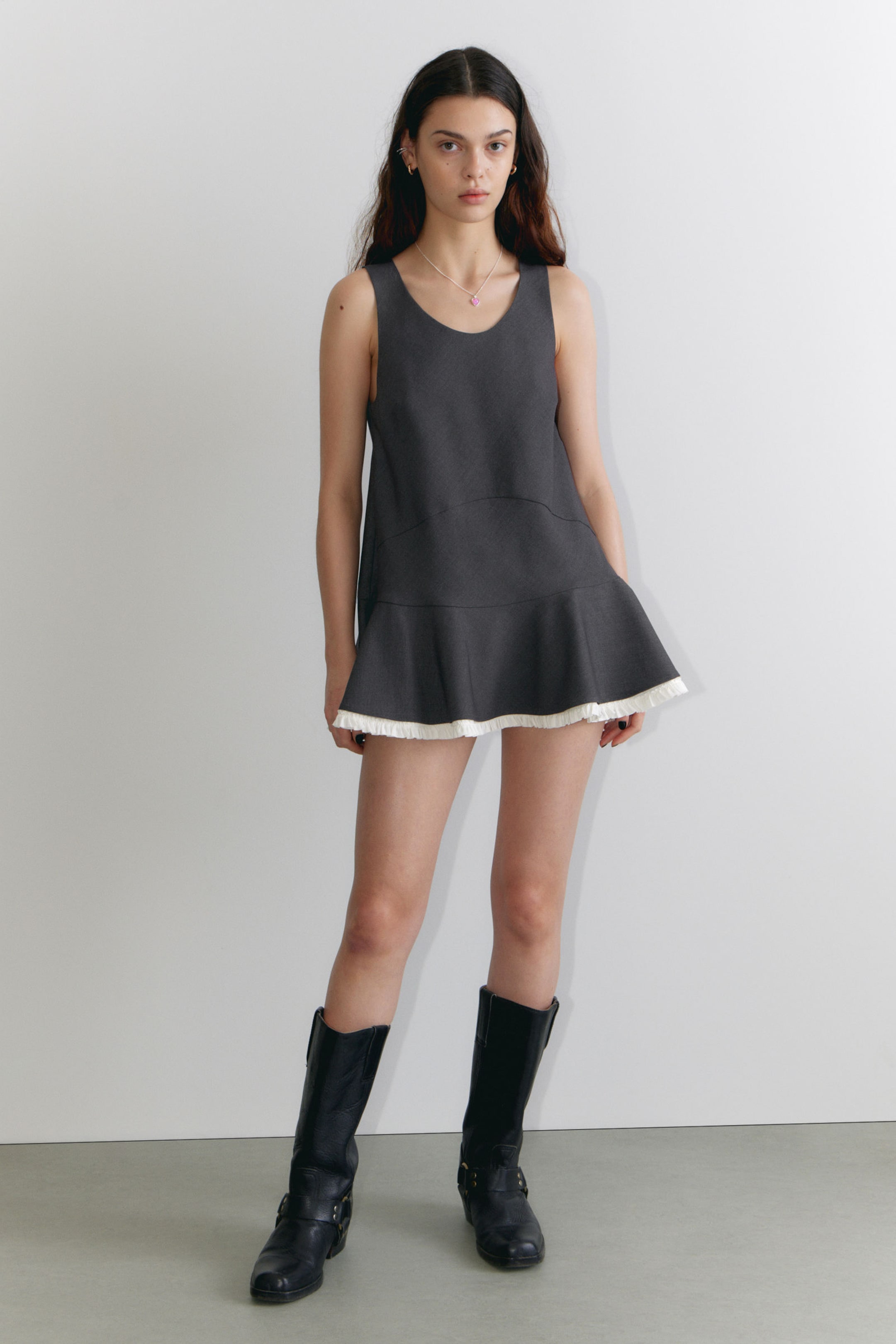 #4F5155 - Sleeveless Peplum Hem Mini Dress - 1