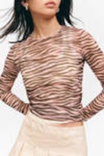 Tiger-striped Pink - Long-Sleeved Printed Mesh Top - 1
