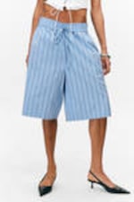Striped Blue - Relaxed Low Rise Knee-length Cotton Shorts - 1