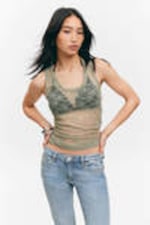 Khaki Green - Sheer Lace Sleeveless Tank Top - 0
