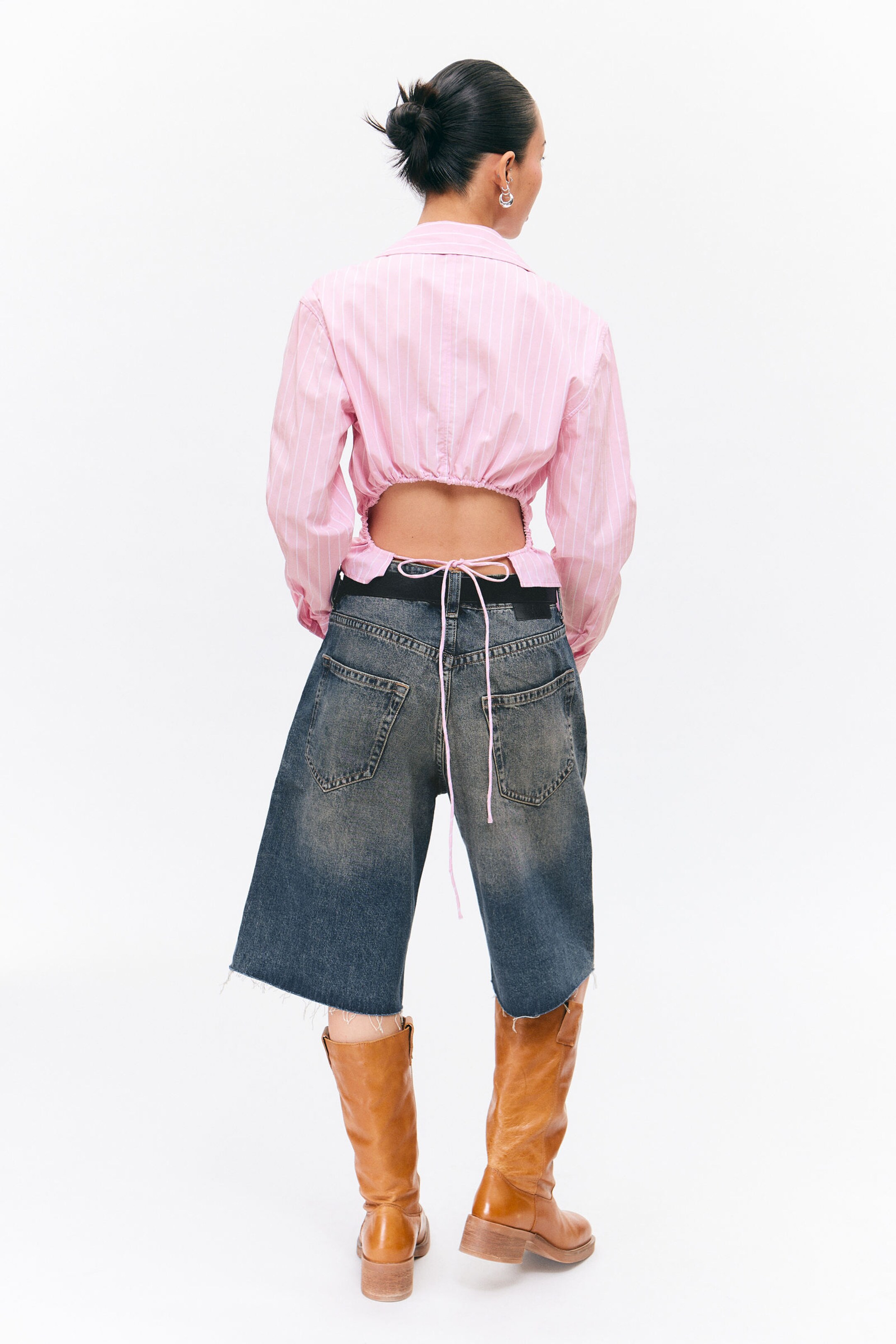 Striped Pink - Cropped Open Back Shirt - 3